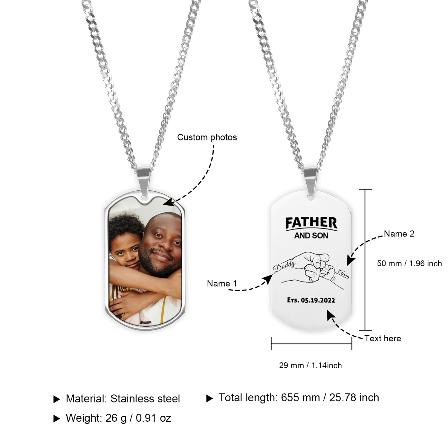 Personalized Photo Necklace Engraved Tag Keyring Gifts for Father-Father and Son