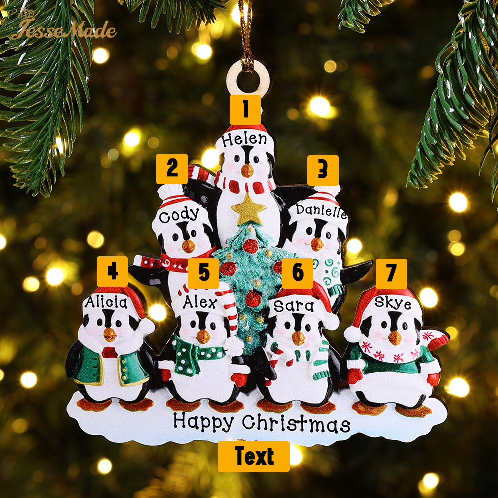 7 Names-Personalized Family Wooden Christmas Ornament-Custom 7 Names Hanging Ornament Gifts For Family-Winter Penguin Family