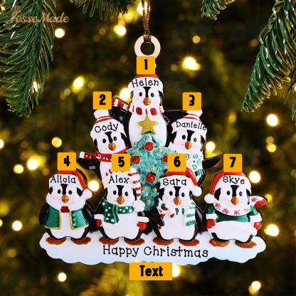 7 Names-Personalized Family Wooden Christmas Ornament-Custom 7 Names Hanging Ornament Gifts For Family-Winter Penguin Family