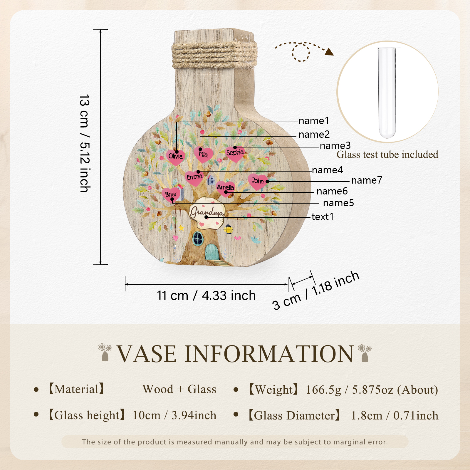 7 Names - Personalized Custom Text and Name Family Tree Wooden Decorative Vase as a Gift for Grandma