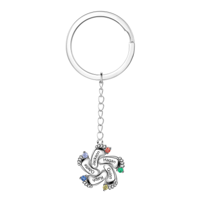 Personalized Baby Feet Keychain With 5 Birthstones Engraved names Keychain Gifts For Mother