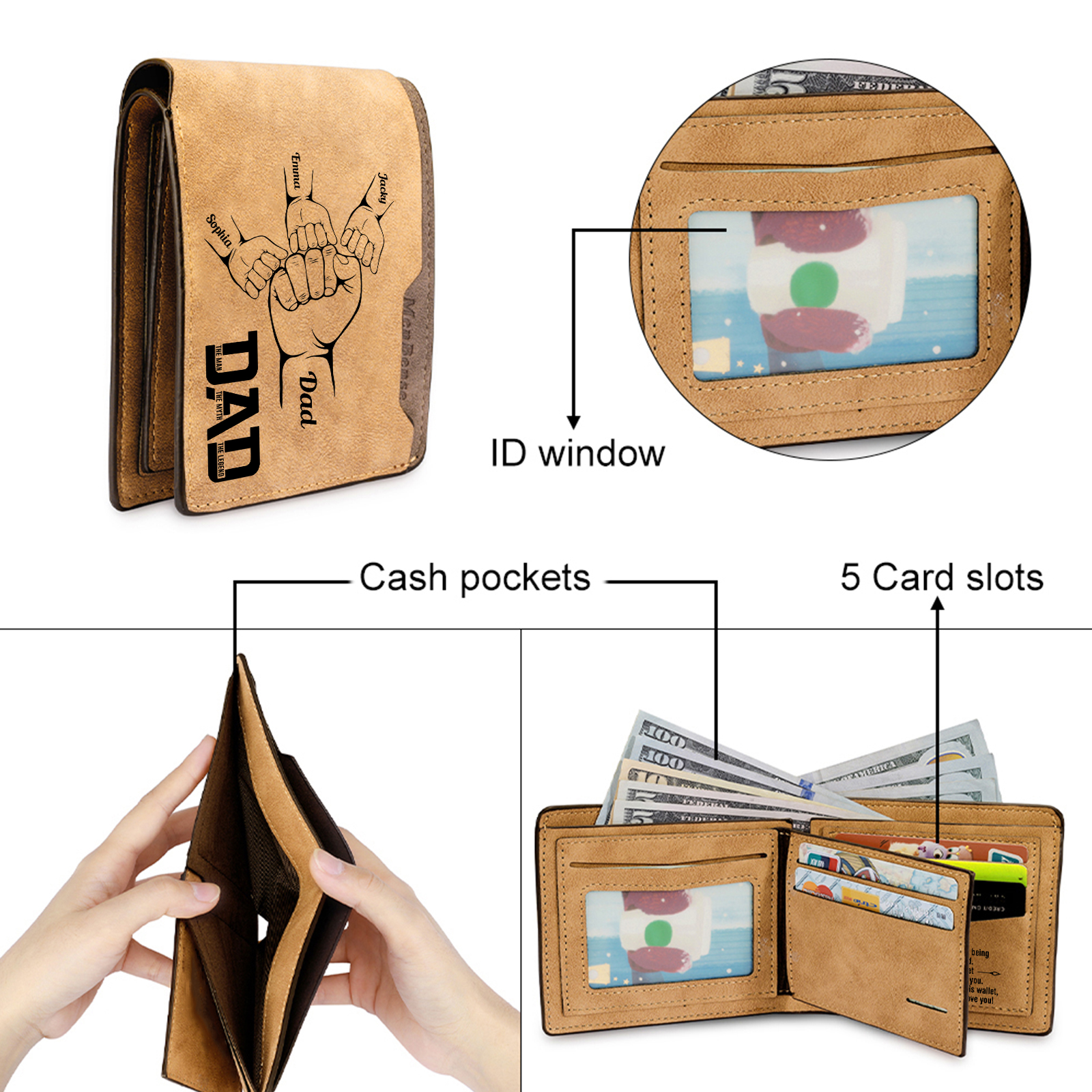 4 Names - Personalized Fist Bump Pattern Custom Name Leather Men's Wallet as a Father's Day Gift for Dad
