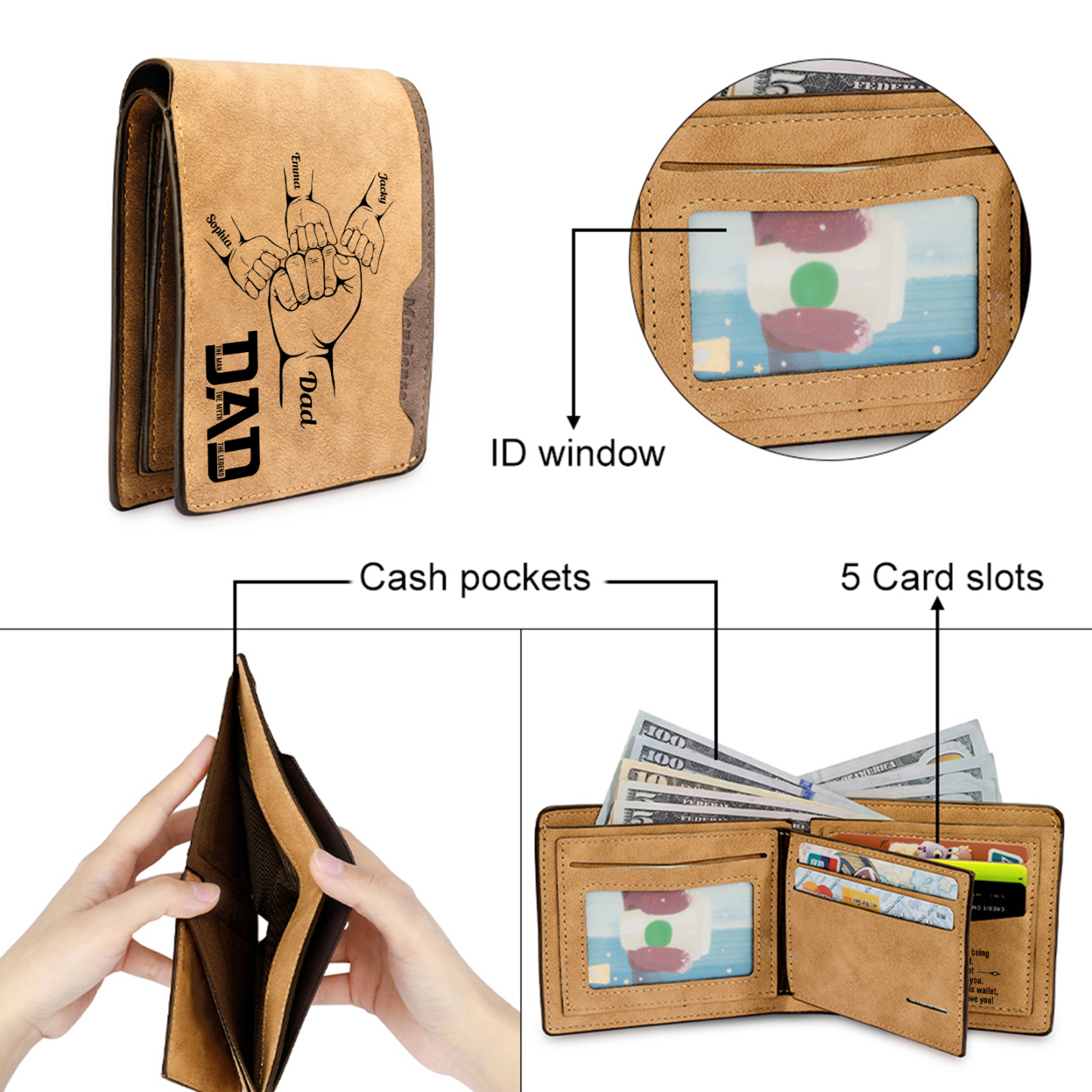 4 Names - Personalized Fist Bump Pattern Custom Name Leather Men's Wallet as a Father's Day Gift for Dad