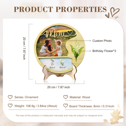 2 Names - Customized Photo Birth Flower Wooden Ornament Decoration for Mom