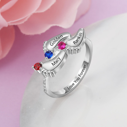 Personalized Baby Foot 925 Sliver Ring With 3 Birthstones Engraved Names Ring Gift For Women