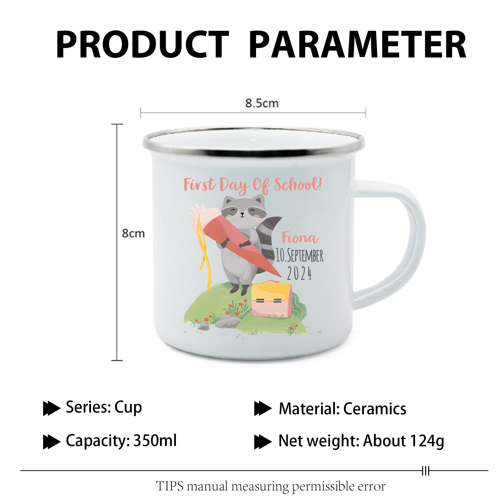 Personalized Name And Date Enamel Mug Children'S Raccoon Pattern Back To School Gift For Kid