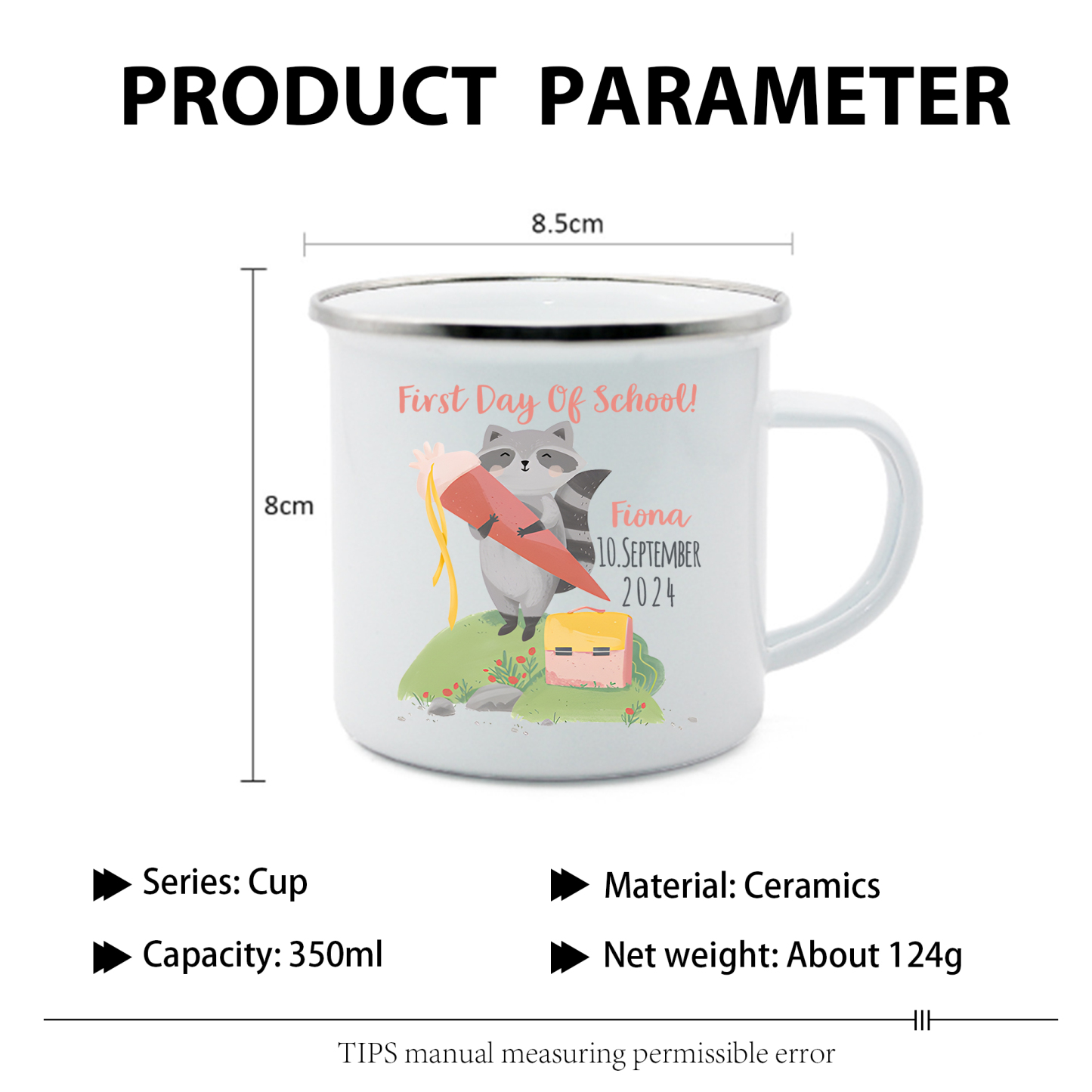 Personalized Name And Date Enamel Mug Children'S Raccoon Pattern Back To School Gift For Kid