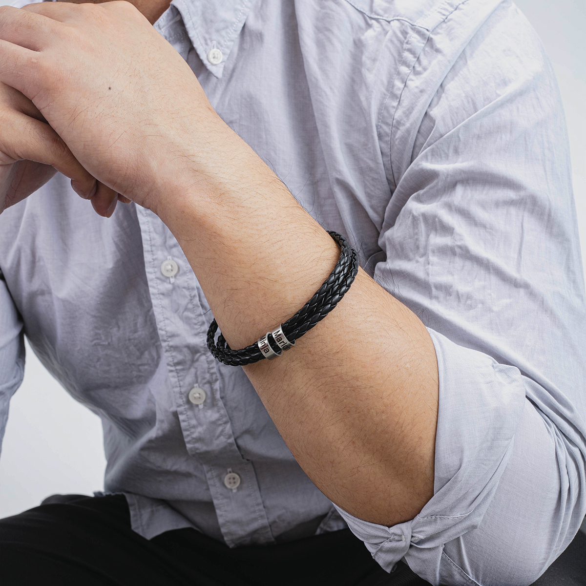 Leather Braided Bracelet Men Bracelets Personalized 2 Names 2 Beads Gift For Dad