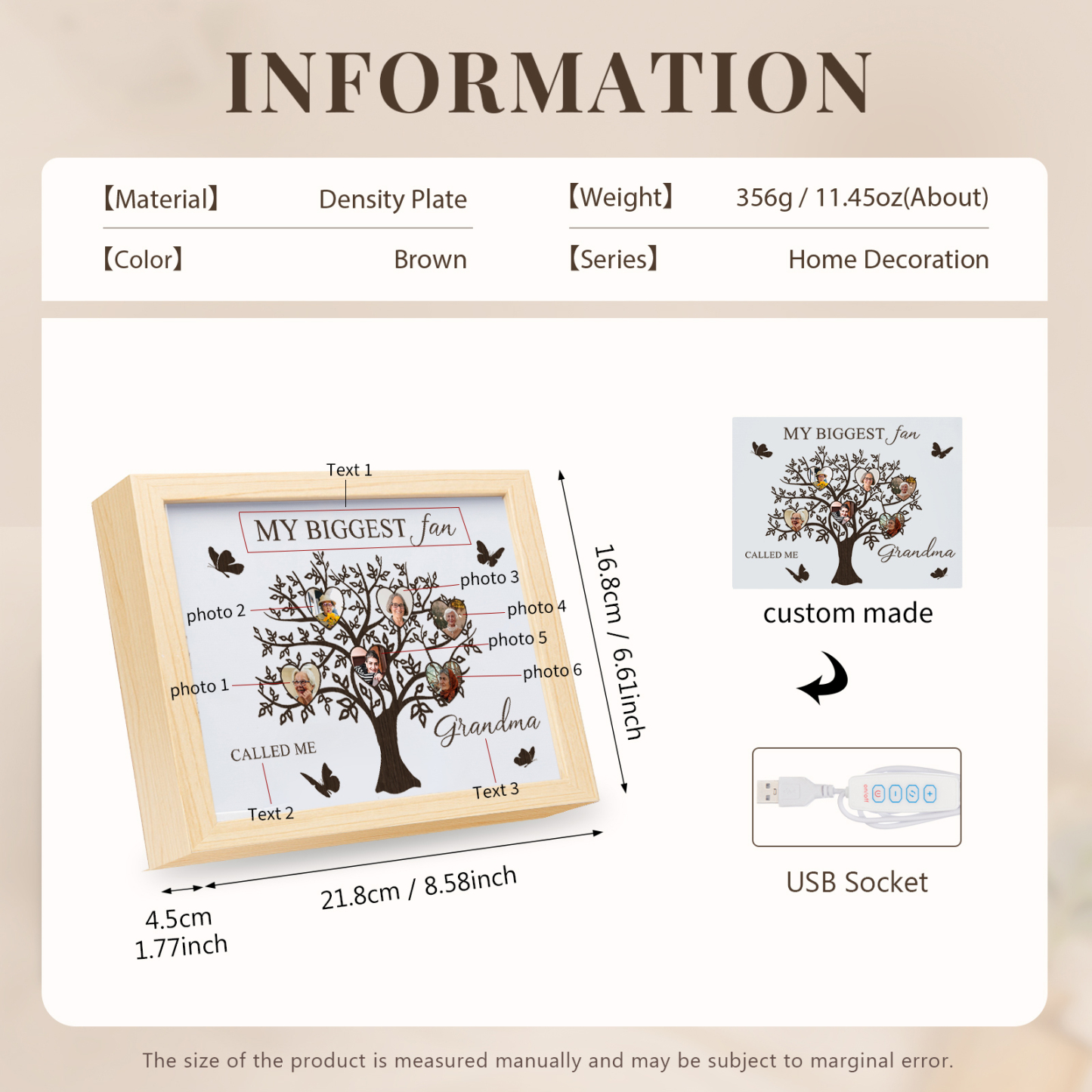 6 Photos-Personalized Family Color Or Black And White Frame Custom 6 Photos And Text LED Night Light