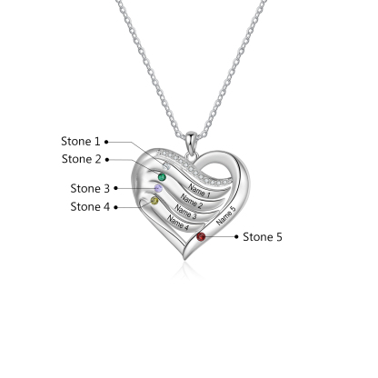 5 Names - Personalized S925 Silver Heart Necklace with Birthstone and Name, Beautiful Gift for Her