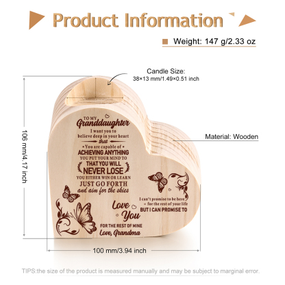 To My Granddaughter Customized Wooden Heart Candle Holder "believe deep in your heart"