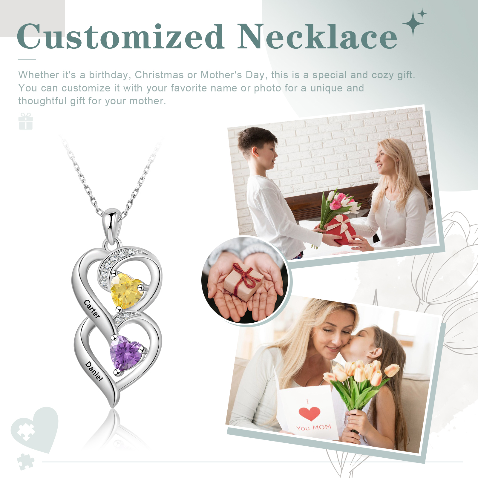 2 Name - Personalized Love Necklace with Customized Name and Birthstone, a Perfect and Exquisite Gift for Her