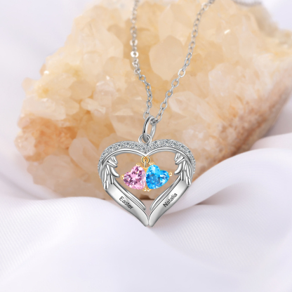 Personalized Wings S925 Silver Necklace With 2 Heart Birthstones Engraved Names Gift For Women