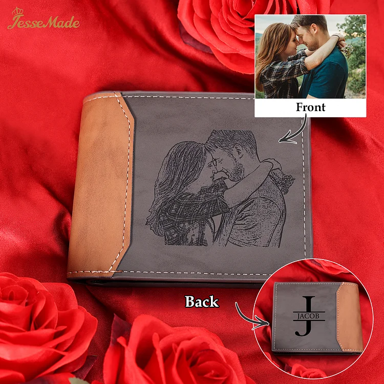 Personalized Name Leather Couple Wallet Engraved Letter And Photo Gift For Him