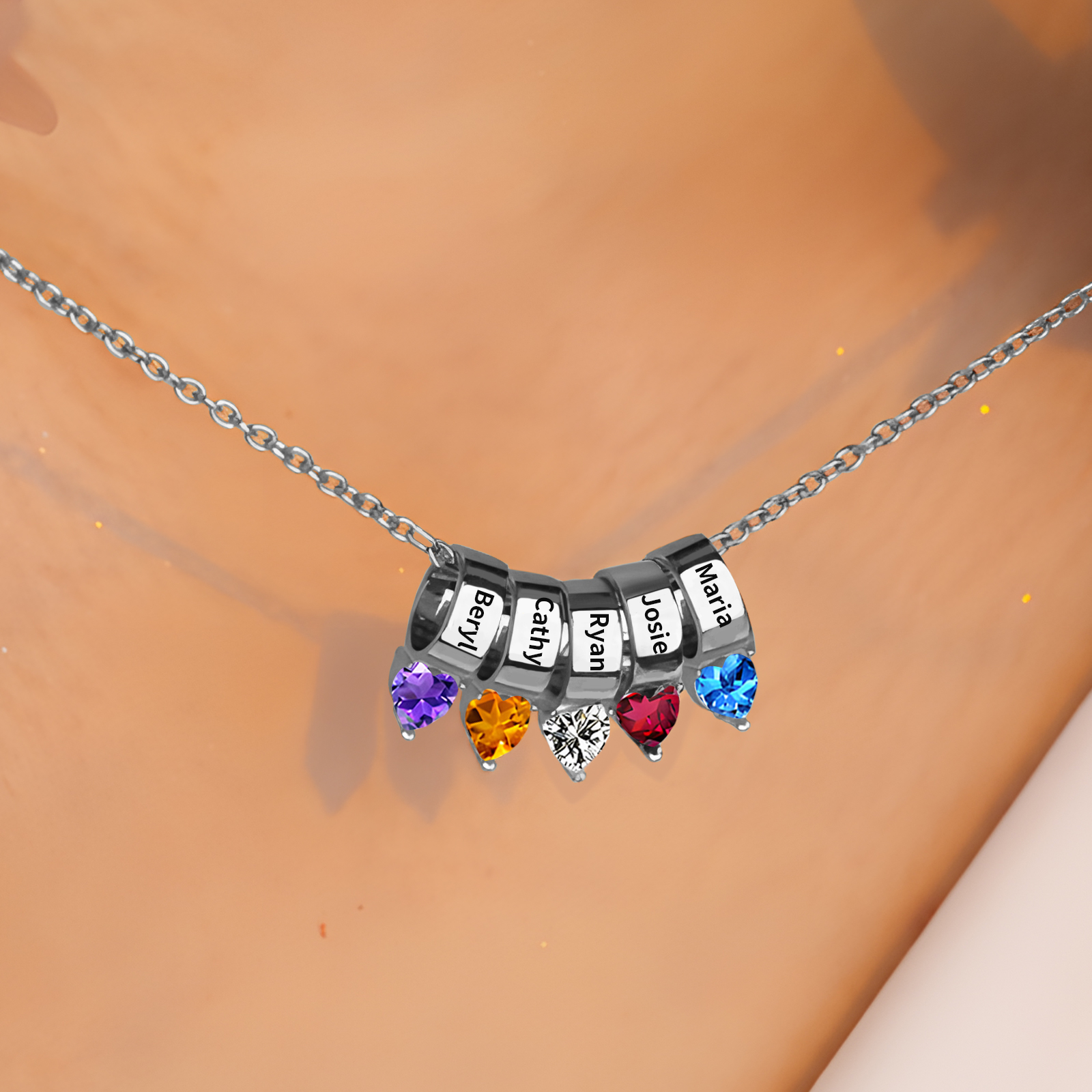 5 Names - Personalized Link Pendant Necklace with Customized Name and Birthstone Gift for Her