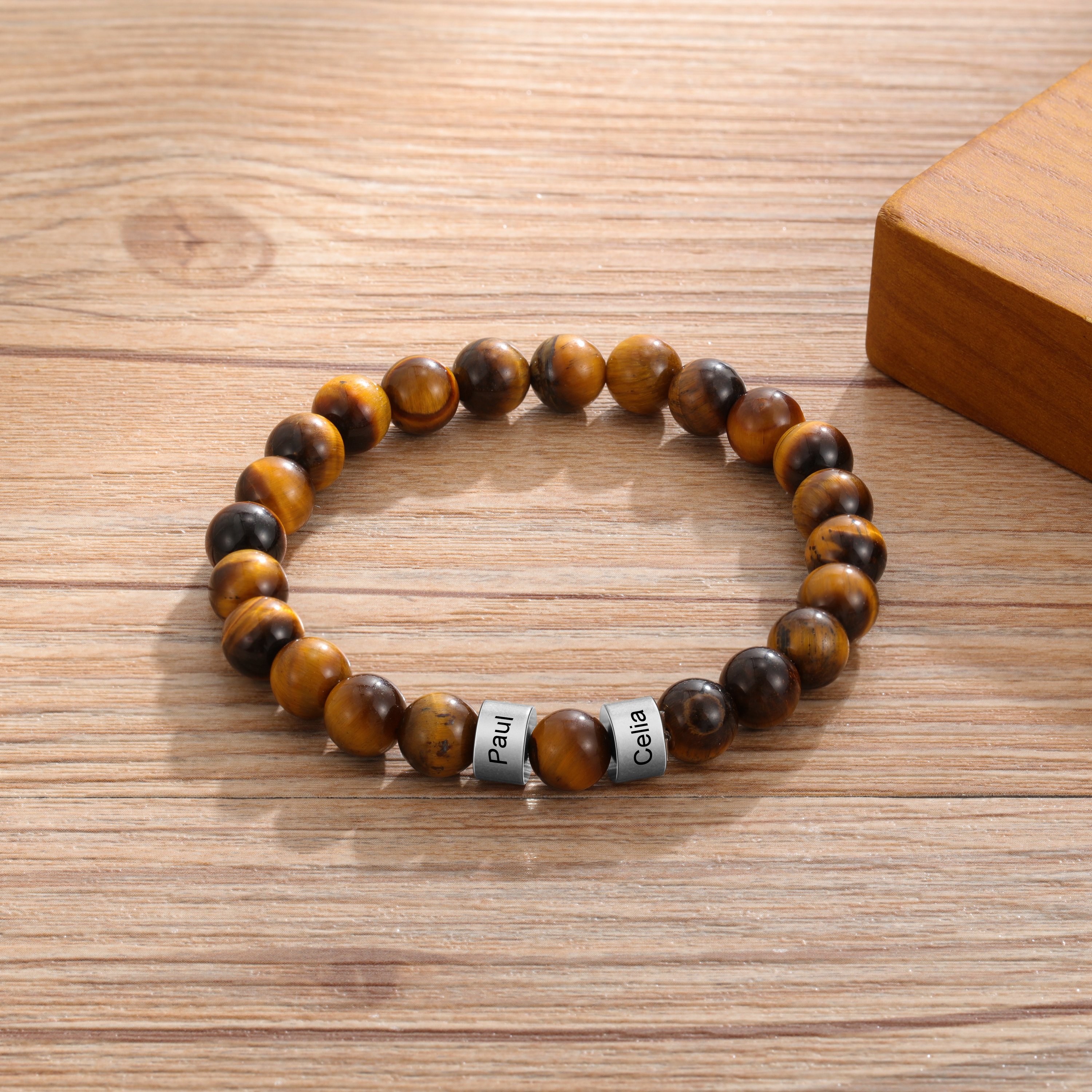 Customized 1 name Brown Tiger Eye Men's Bracelet Gift For Him