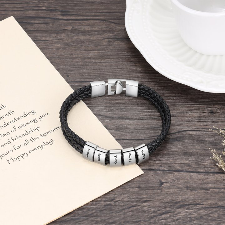 Personalized Braided Leather Bracelet Engraved 5 Names Men's Bracelet Gifts For Him