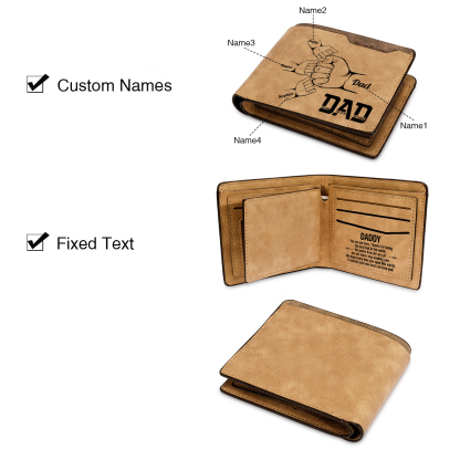 4 Names - Personalized Fist Bump Pattern Custom Name Leather Men's Wallet as a Father's Day Gift for Dad