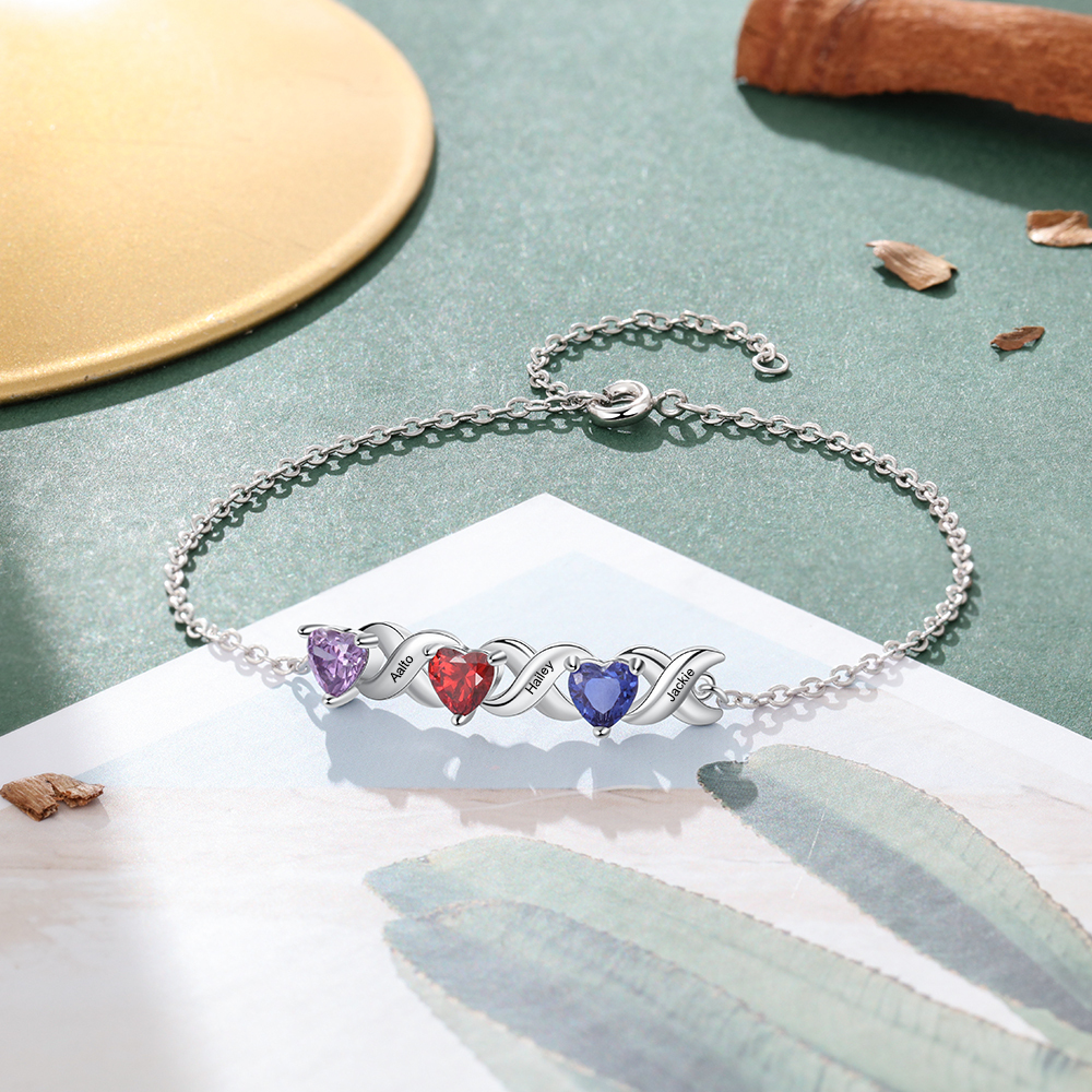 Personalized Heart Bracelet Customized With 3 Names and 3 Birthstones Family Bracelet Gift for Grandma | Jessmade