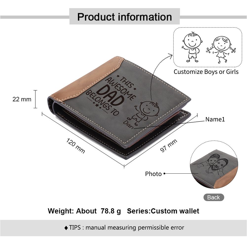 1 Name-Personalized Doll Customized Leather Men's Wallet Customized Name Folding Grey Wallet for Dad