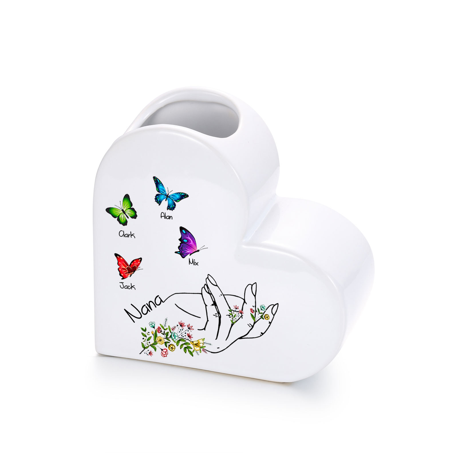 Personalized Ceramic Heart Vase Custom with 2–8 Names and Butterfly