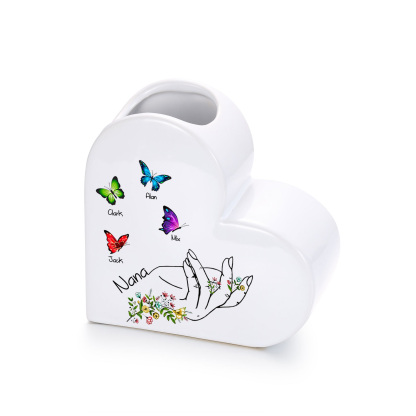 Personalized Ceramic Heart Vase Custom with 2–8 Names and Butterfly