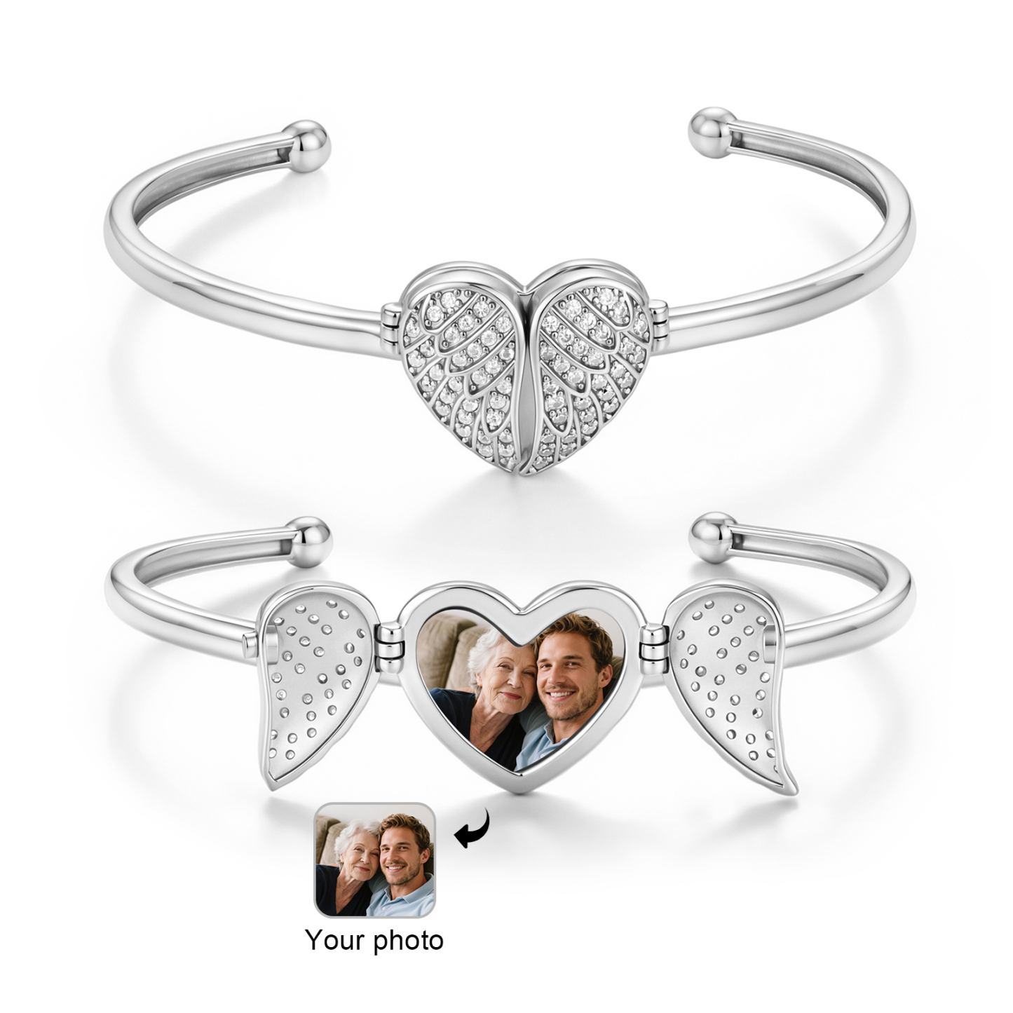 Angel Wing Heart Locket Bracelet Personalized Bangle Custom 1 Photo Mother’s Day Anniversary Birthday Gift for Mom Grandma Wife | Jessemade