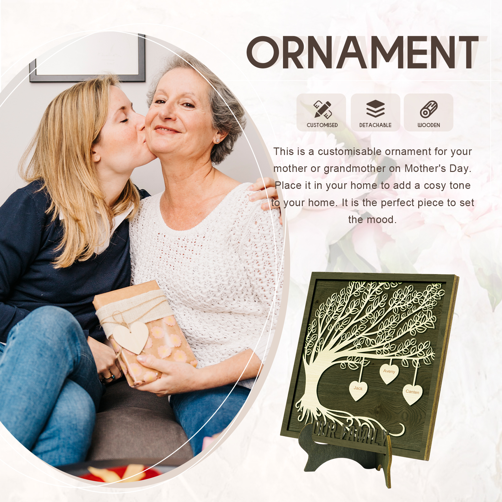 3 Names -Customized Tree Type Wooden Ornaments Decorations Text  Our Family