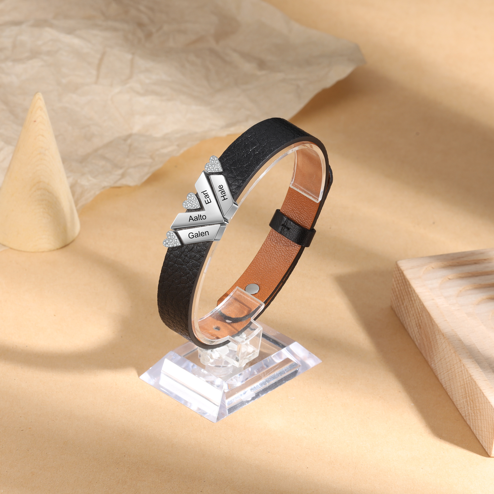 Customized Leather Bracelet with Beads Engraved 4 Names Bangle for Him