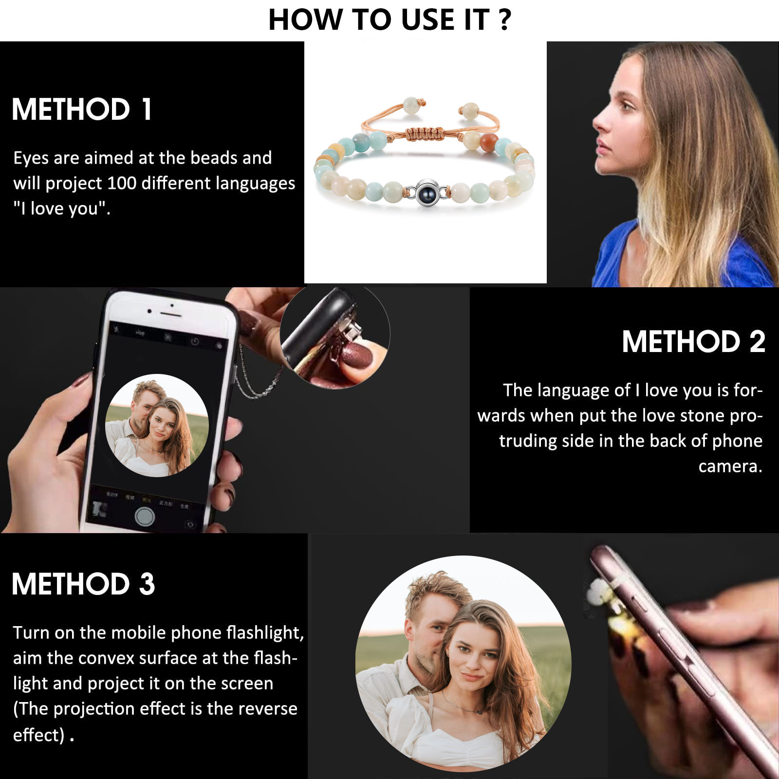 Personalized Couple Projection Beaded Bracelet Customized Photo Bracelet Adjustable Bracelet Personalized Gift