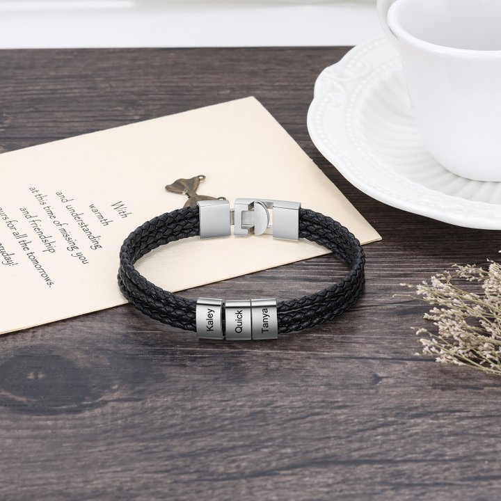 Personalized Braided Leather Bracelet Engraved 3 Names Men's Bracelet Gifts For Him