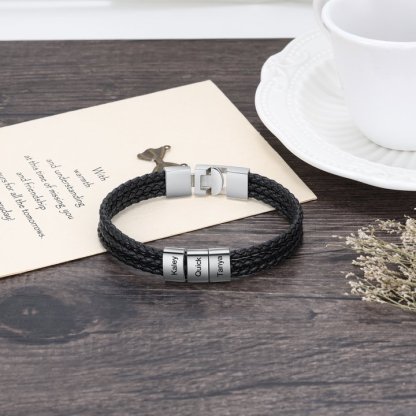 Personalized Braided Leather Bracelet Engraved 3 Names Men's Bracelet Gifts For Him