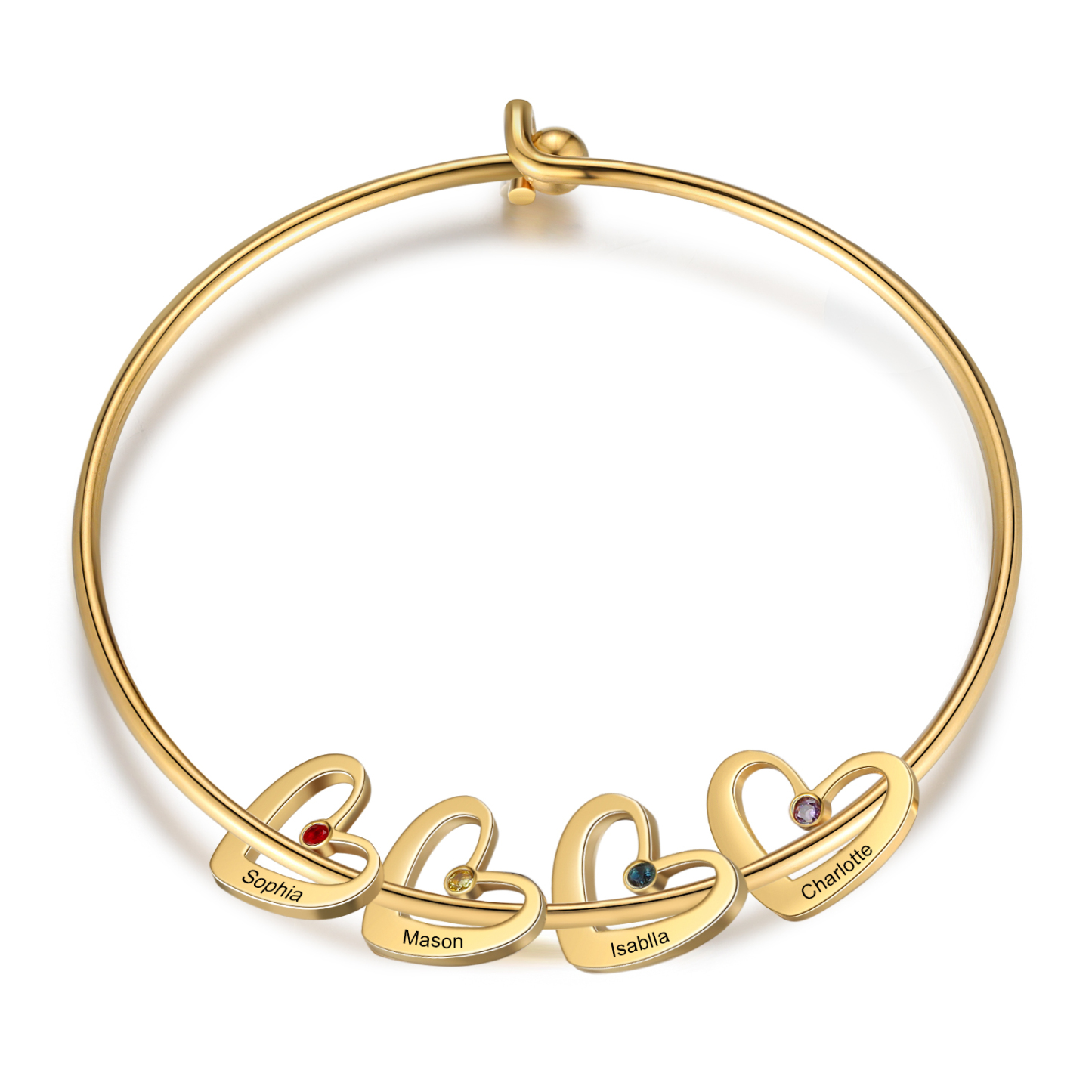 Personalized Heart Bangle With 4 Names and Birthstones Bangle Bracelet Mother's Day Gifts For women