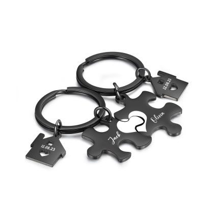 Personalized Name Puzzle Couple Keychain Engrave Date Matching Couple Gifts, Special Gift For Him/Her