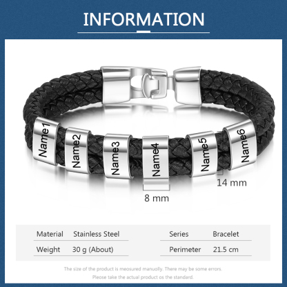 Customized Braided Leather Bracelet Engraved 6 Names Men's Bracelet for Him