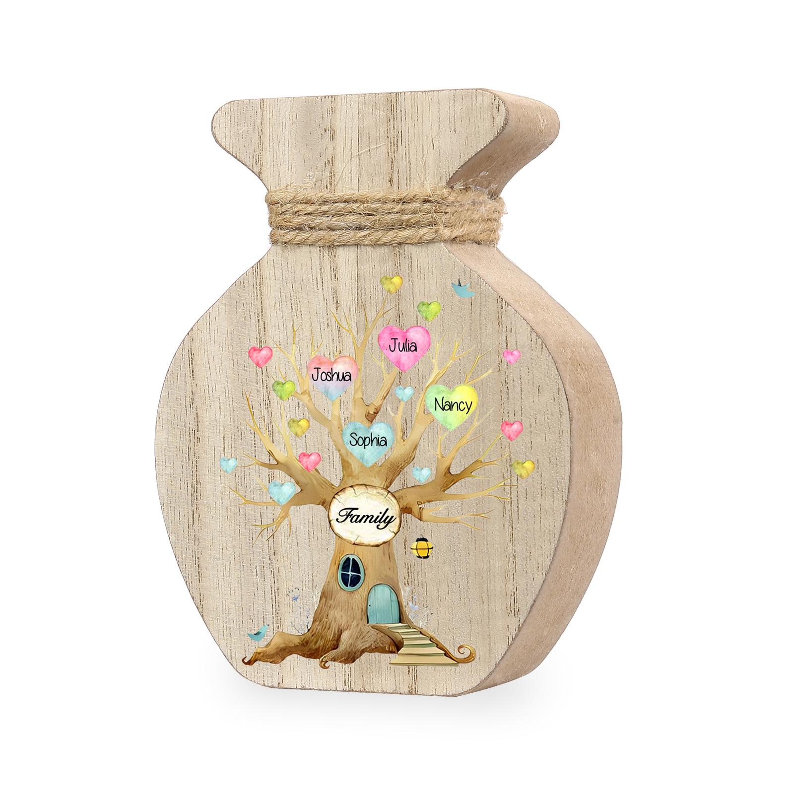 4 Names - Personalized Custom Text and Name Wooden Ornament Vase as A Gift for Family