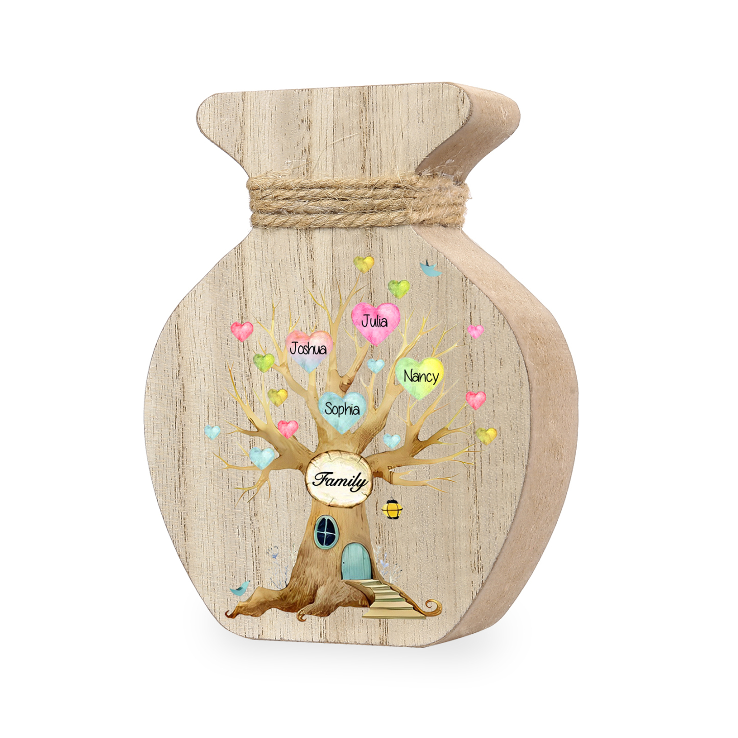 4 Names - Personalized Custom Text and Name Wooden Ornament Vase as A Gift for Family