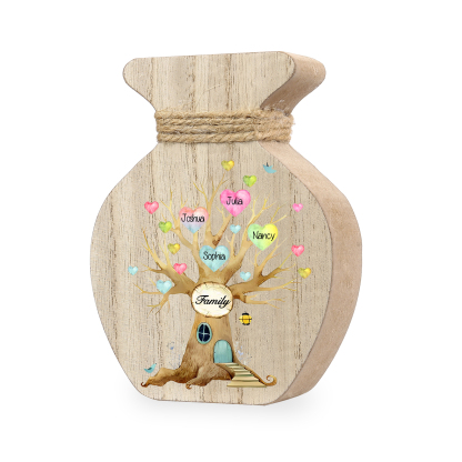 4 Names - Personalized Custom Text and Name Wooden Ornament Vase as A Gift for Family