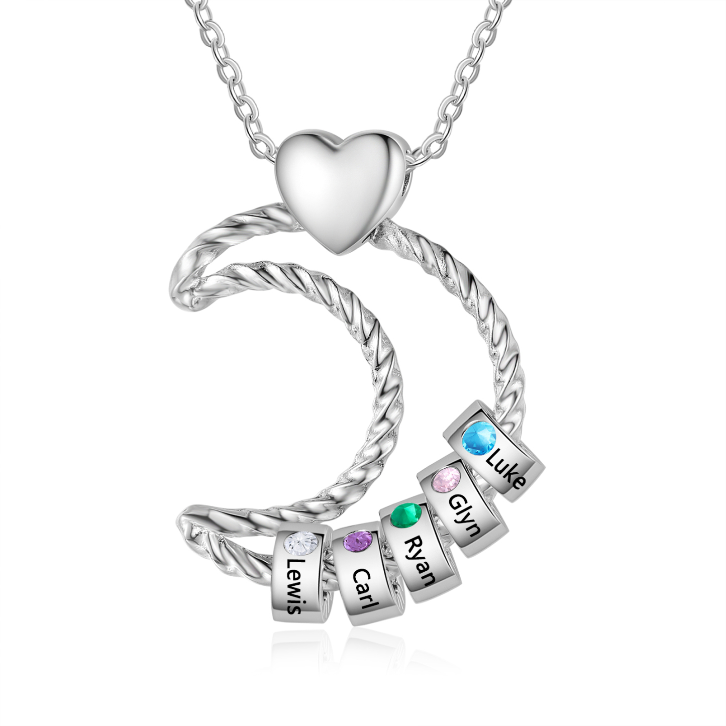 5 Names - Personalized Moon Pendant Necklace Custom Birthstones & Name