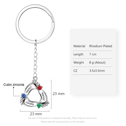 Personalized Baby Feet Keychain With 3 Birthstones Engraved names Keychain Gifts For Mother
