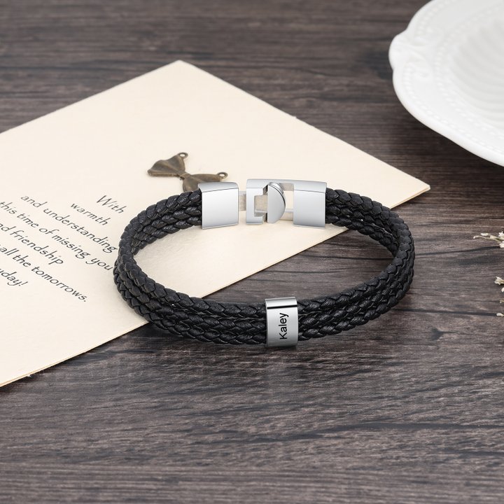 Personalized Braided Leather Bracelet Engraved 1 Name Men's Bracelet Gifts For Him