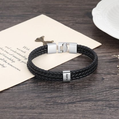 Personalized Braided Leather Bracelet Engraved 1 Name Men's Bracelet Gifts For Him