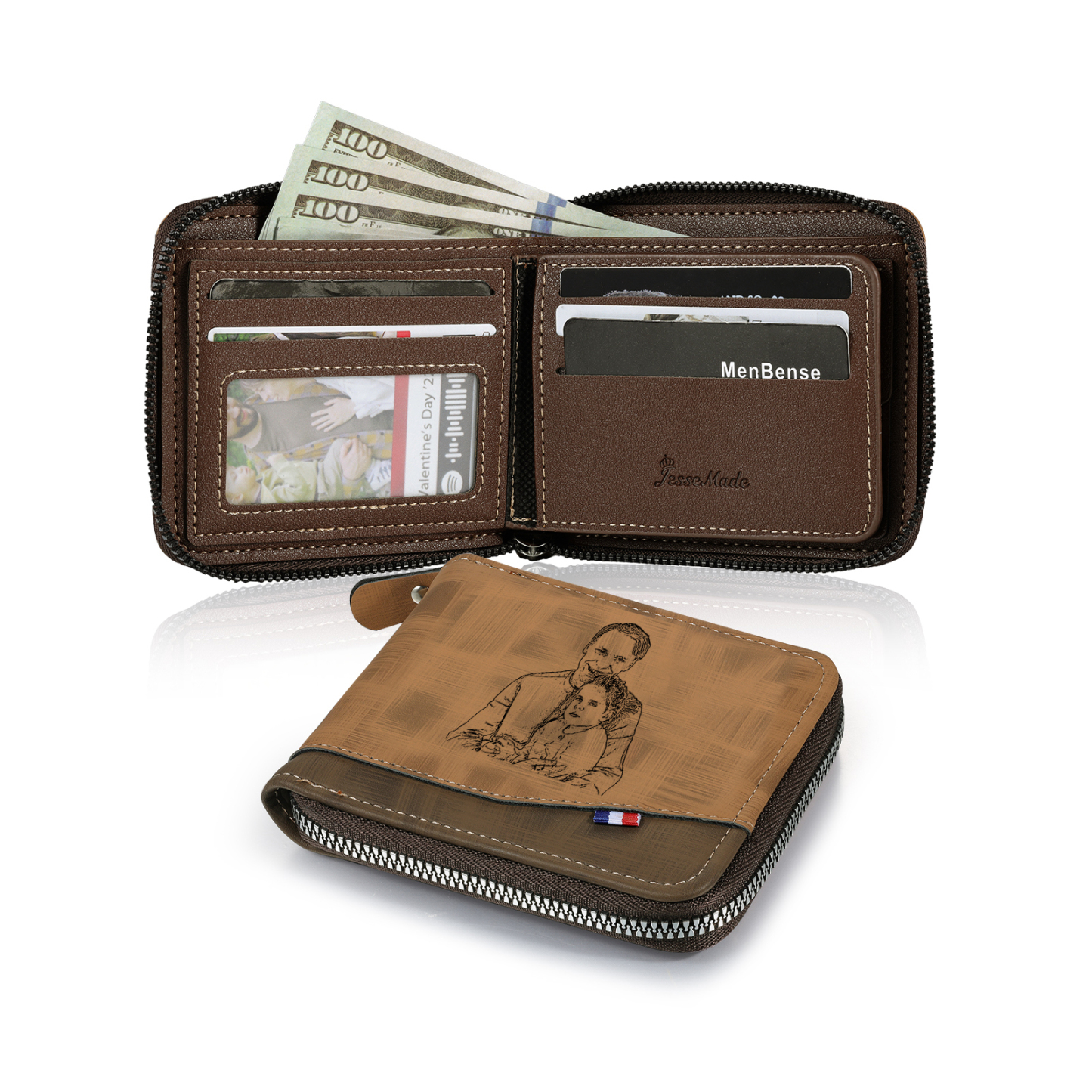 7 Names - Personalized Photo Custom Leather Men's Zipper Wallet as a Father's Day Gift for Dad