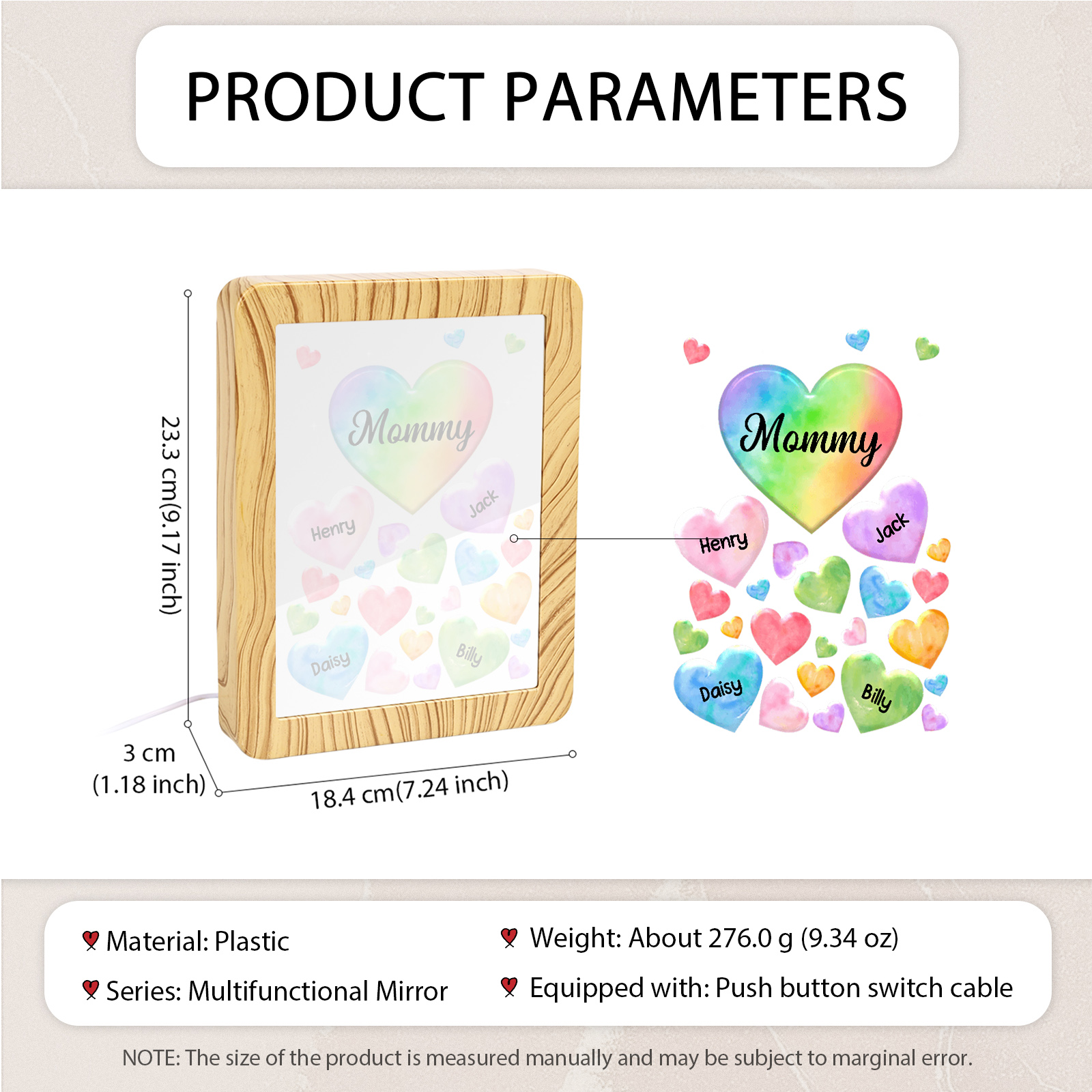 4 Names - Personalized Mom Home Wood Color Plug-in Mirror Photo Frame Custom Text LED Night Light Gift for Mom