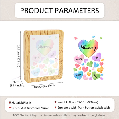 4 Names - Personalized Mom Home Wood Color Plug-in Mirror Photo Frame Custom Text LED Night Light Gift for Mom