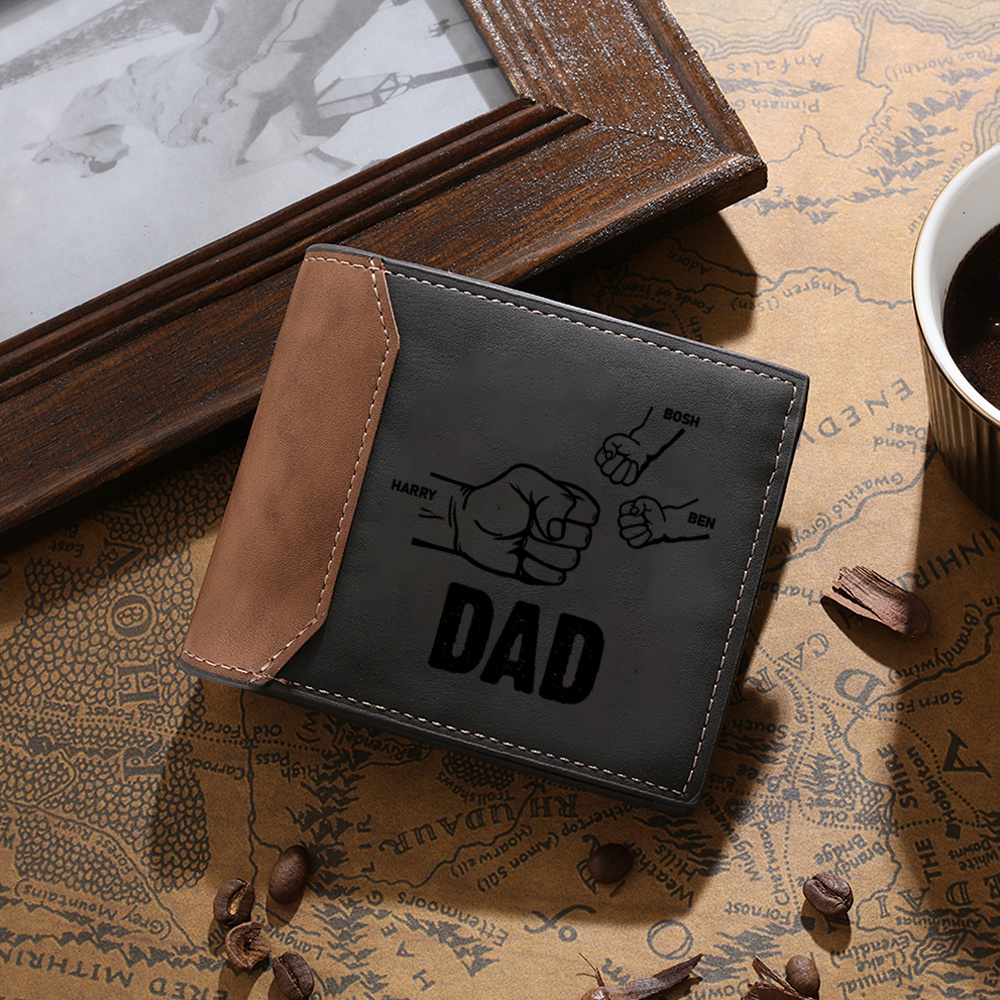 3 Names - Personalized Fist Bump Photo Custom Leather Men's  Wallet With Gift Box as a Father's Day Gift for Dad