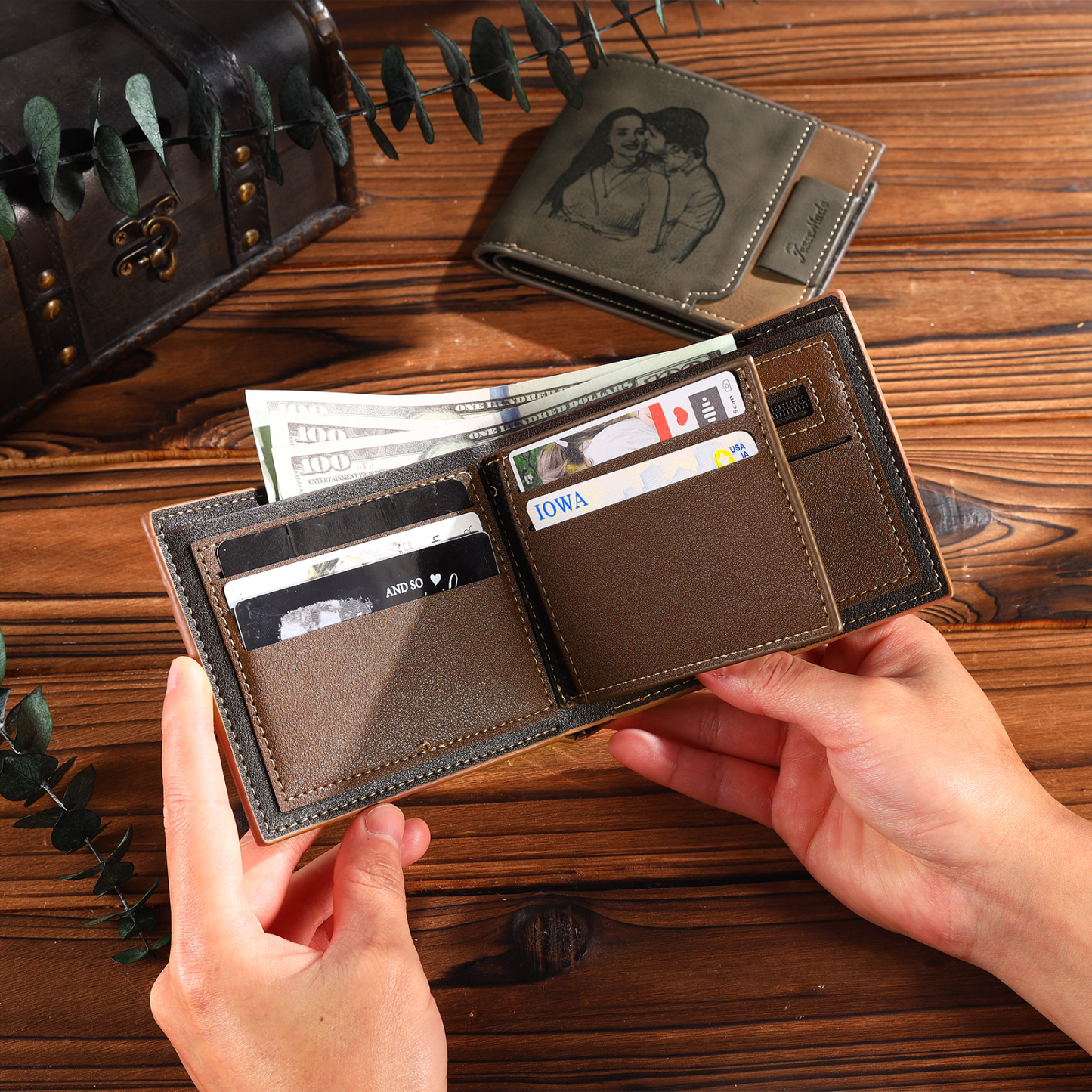 Personalized Name Leather Men's Wallet With Card Slot Engraved Letter And Photo with Gift Box Gift For Him | Jessemade