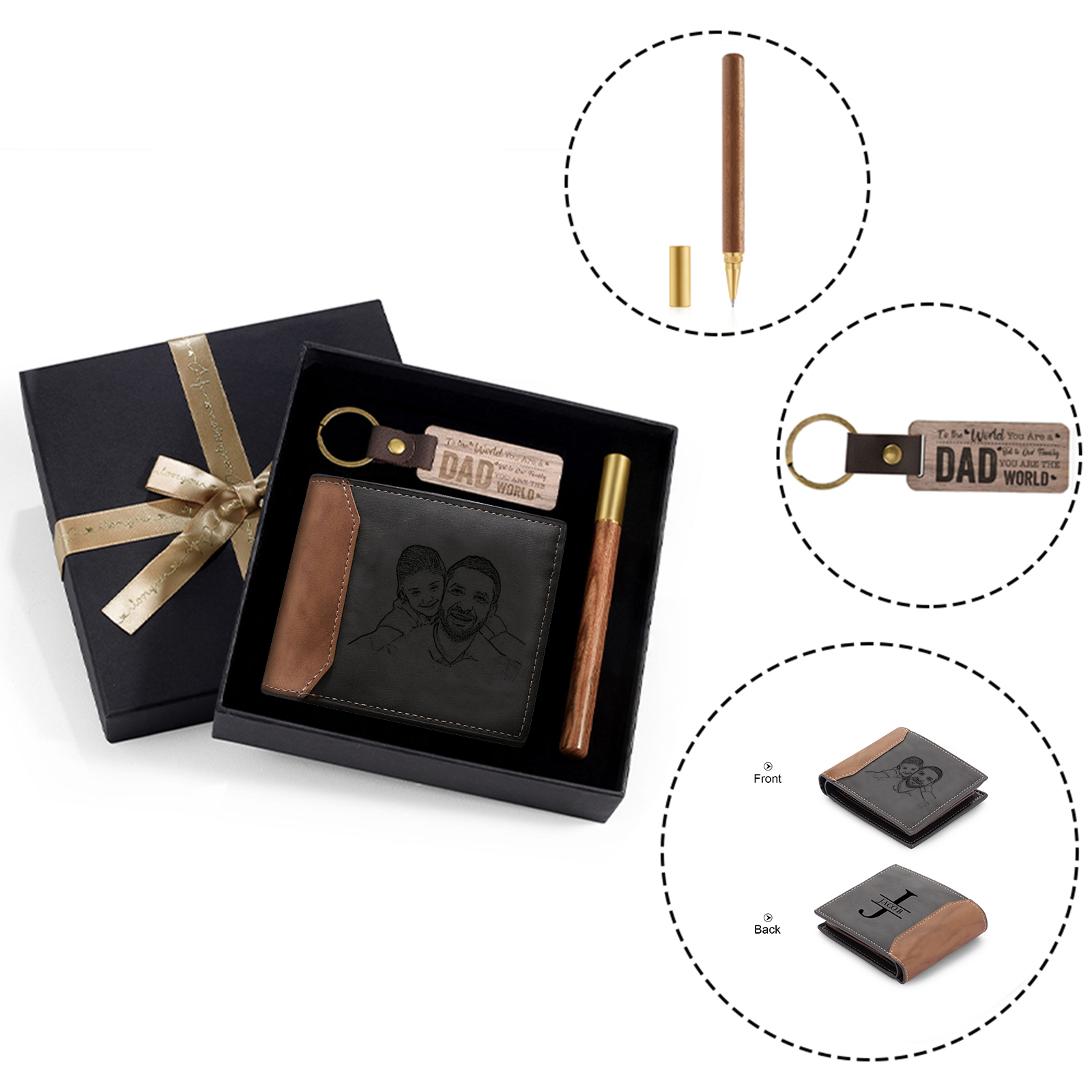 Personalized Leather Wallet Gift Box Set Keychain, Customizable Photo Name Letter Wallet Gift for Dad