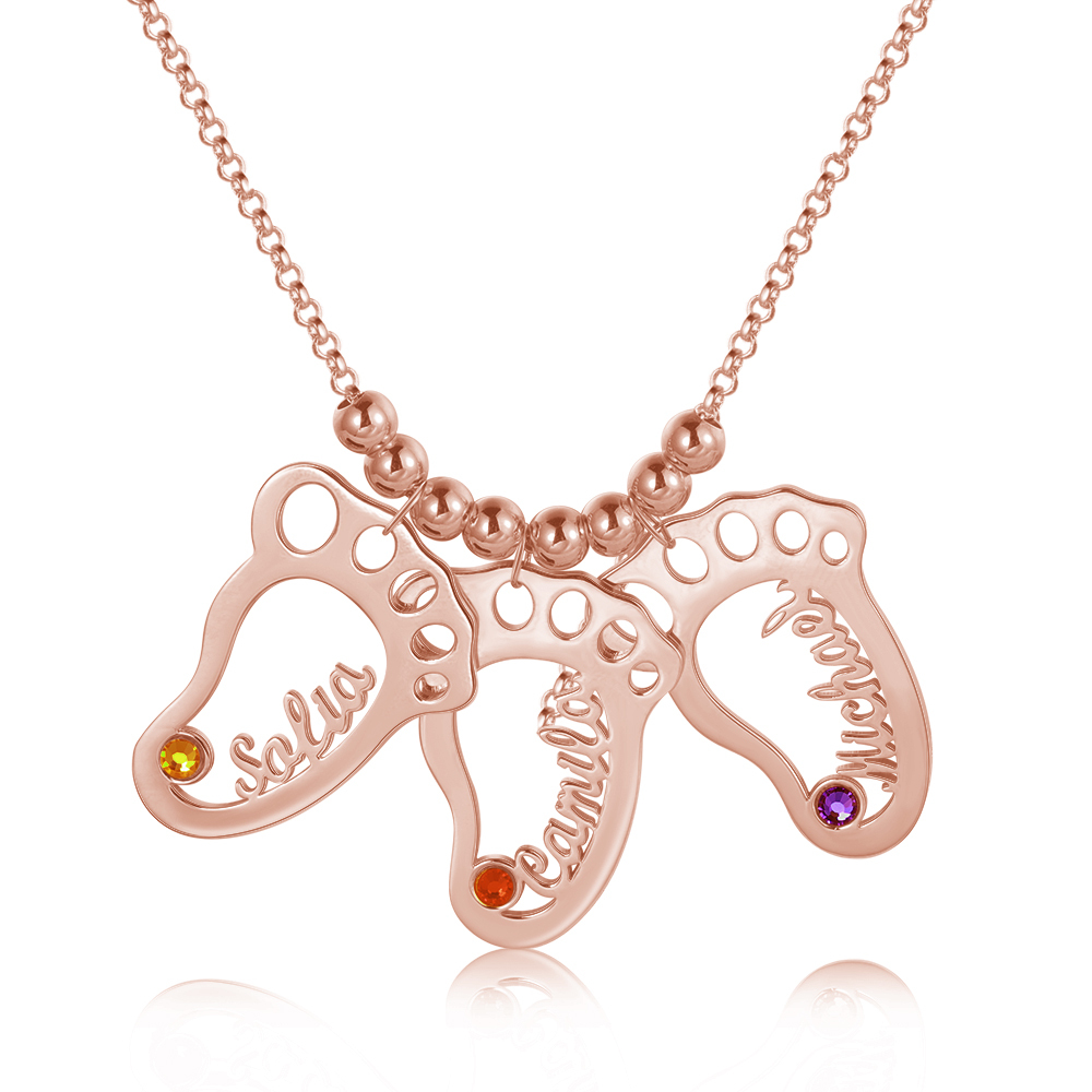 Personalized Baby Foot Engraved Names 3 Birthstones Necklace For Women Gift For Mother