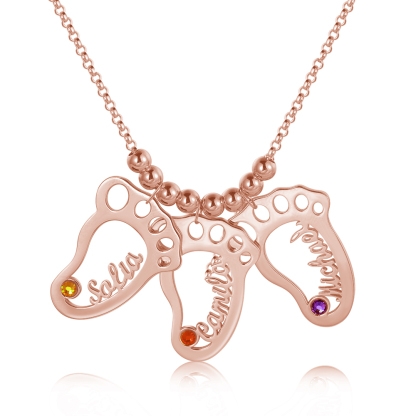 Personalized Baby Foot Engraved Names 3 Birthstones Necklace For Women Gift For Mother